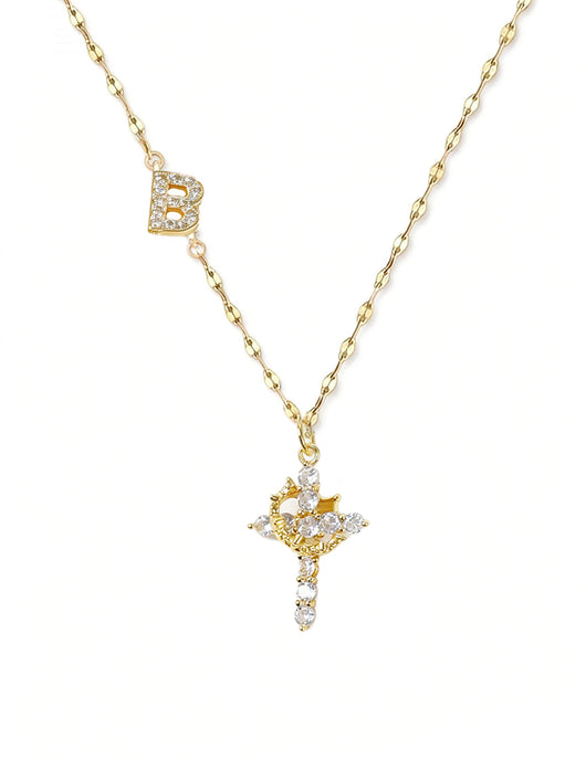 Cross Crown Initial Necklace