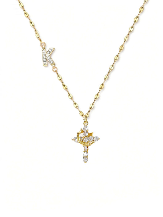 Cross Crown Initial Necklace