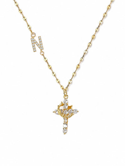 Cross Crown Initial Necklace
