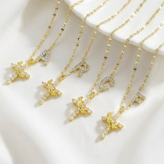 Cross Crown Initial Necklace