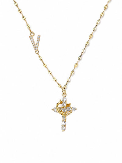 Cross Crown Initial Necklace